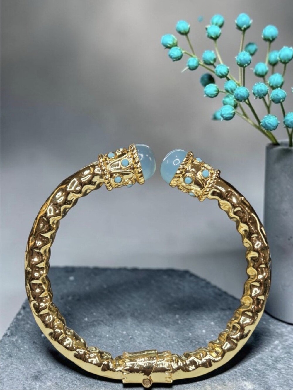 Byzantine 18k Gold Plated Hammered Chunky Aqua Chalcedony Turquoise Bracelet